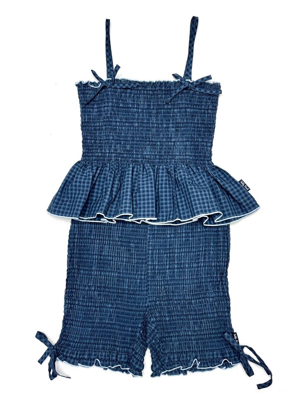 Teddy Fresh Blue Gingham Smocked Ruffle Trim Peplum Pajama Shorts Set XL